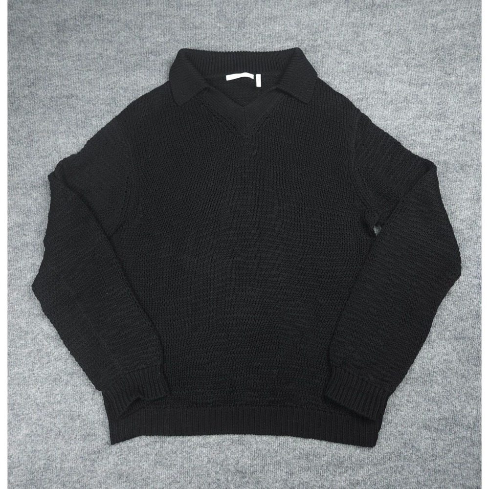 Helmut Lang Cotton Polo Sweater Men's Medium Black Relaxed Collared Cable Knit